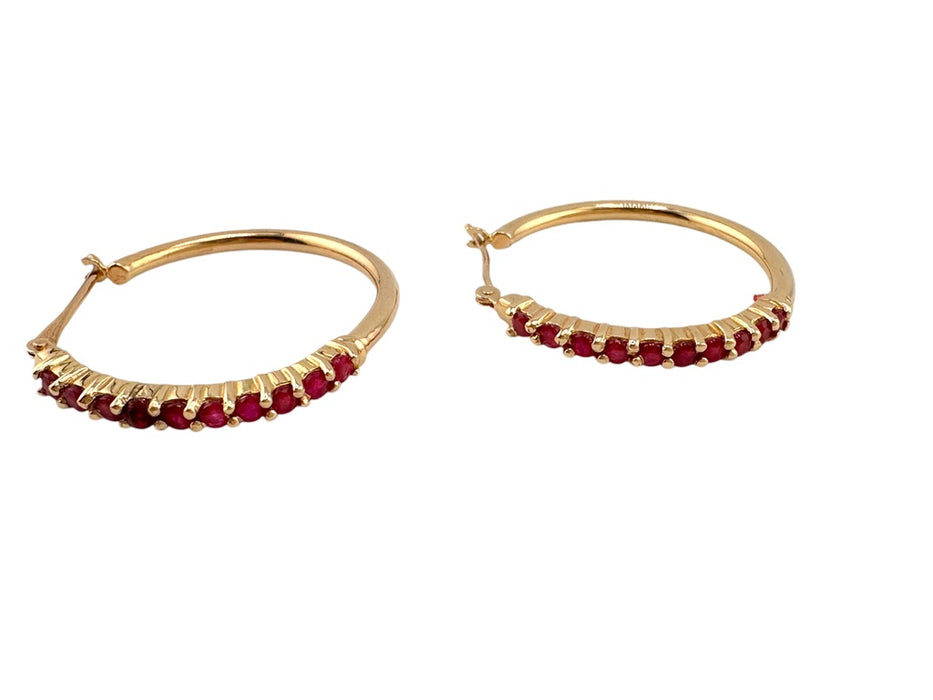 Ruby Hoop Earrings in 14K Yellow Gold 1 in tall July Birthstone and for 15th Anniversary
