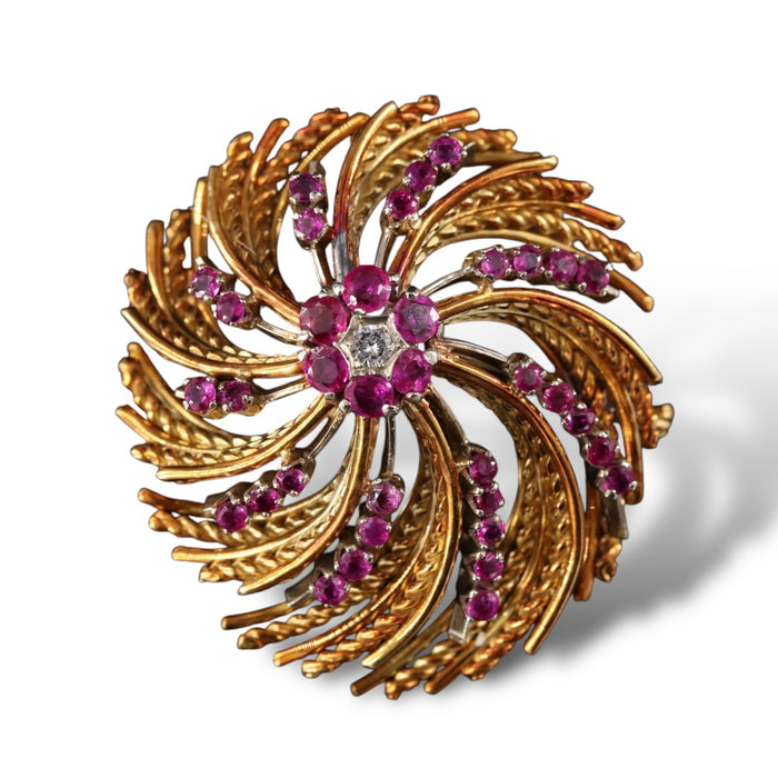 18K Rose Gold Italian Swirl Brooch with Rubies and Diamonds, 17.40g.