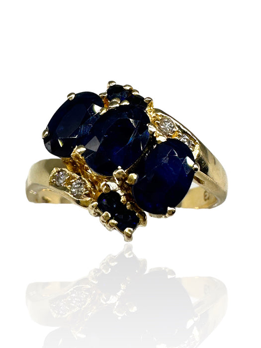 Ring in 14k Gold, Diamond, and Dark Blue Sapphire Ring , Size 6.5