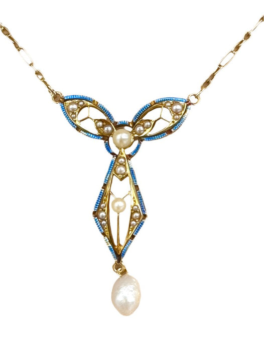 14K Gold and Natural Pearl 16" Necklace, with Blue & Red enameled outline, Nouveau style-EZ Jewelry and Decor