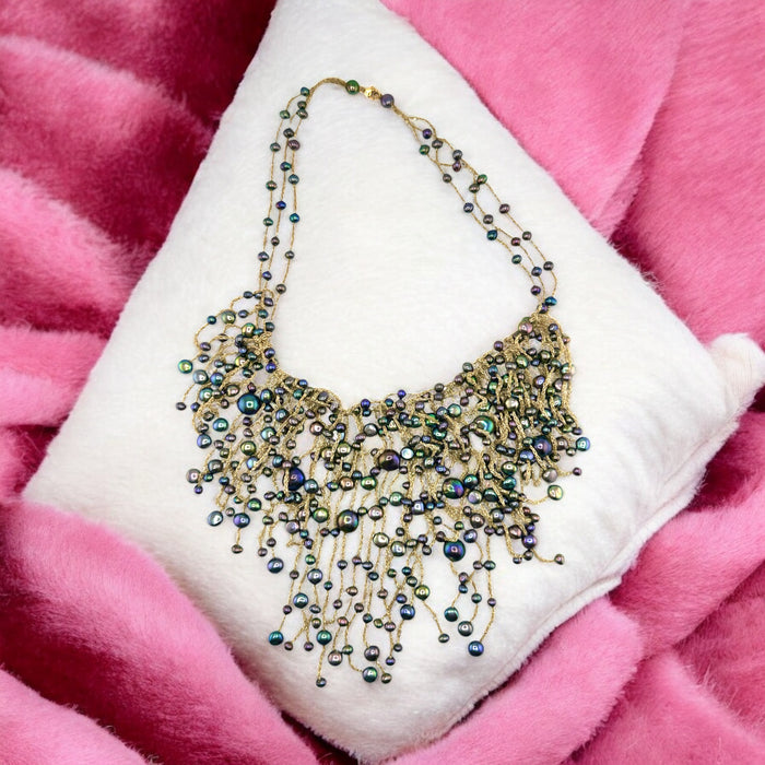 Freshwater Vivid Pearl Fringe Pearl Bib Necklace VTG Whimsicott Style with 18k Closure, 16 inches long 5in Fringe