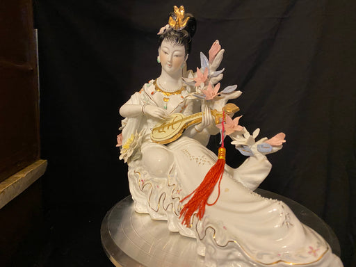 A Geisha Playing Lute. Handcrafted, Hand Painted, Porcelain Statue, Signed By a Chinese Master. 15.5” Vintage-EZ Jewelry and Decor