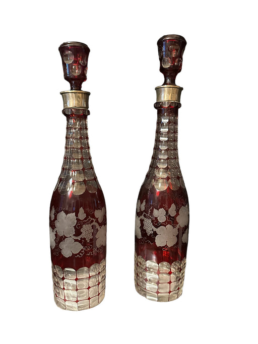 Vintage Two Crystal Decanters with stoppers From Prague, Czechoslovakia 13.75”- 14.5”-EZ Jewelry and Decor