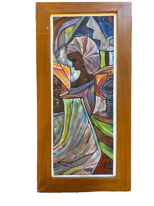 Prince Okliky, Framed Original Mix-media Painting, Abstract Cubist Agrican Portrait , 26.5” x 13”-EZ Jewelry and Decor