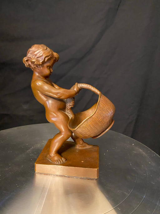 Antique Louis Ernest Barrias, Classic Barbedienne Bronze Child With Basket Bronze Statue 5.75"t-EZ Jewelry and Decor