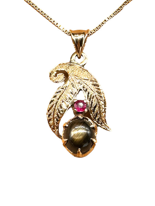 Necklace 18k Gold & Ruby Pendant Necklace with a Smoky Quartz Gemstone in Center, 1in, with 14k Chain. 15"