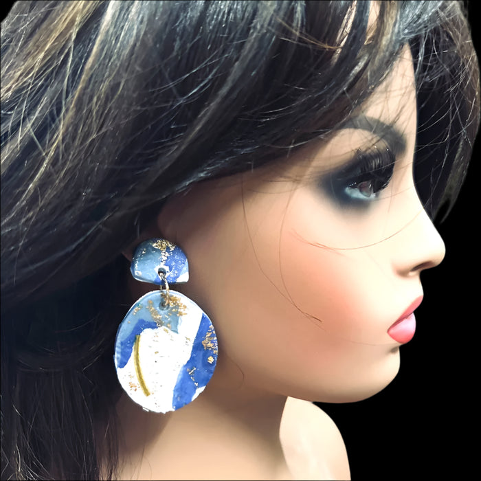 Modern Geometric Polymer Clay Earrings – Blue, White & Gold | Handmade 2” Statement Jewelry