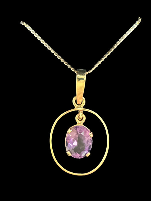 18k Gold and Purple Amethyst Pendant Necklace with 14K Gold Flat Chain Necklace 16”