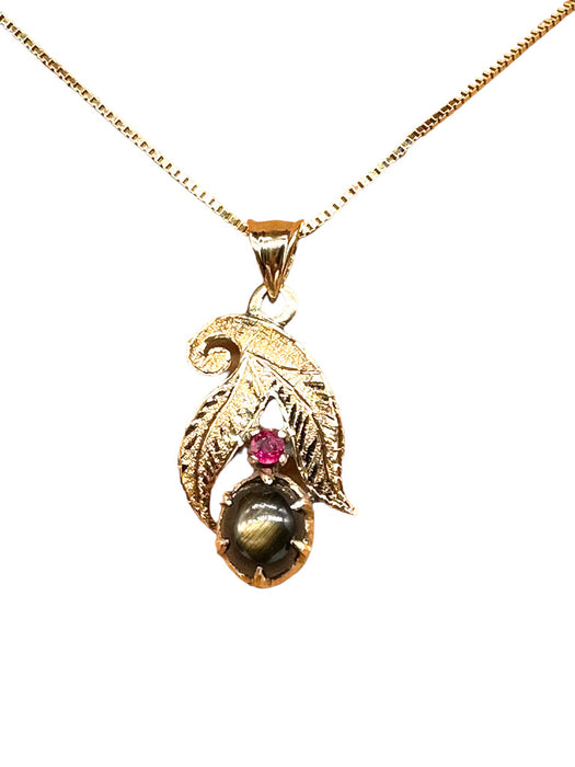 Necklace 18k Gold & Ruby Pendant Necklace with a Smoky Quartz Gemstone in Center, 1in, with 14k Chain. 15"