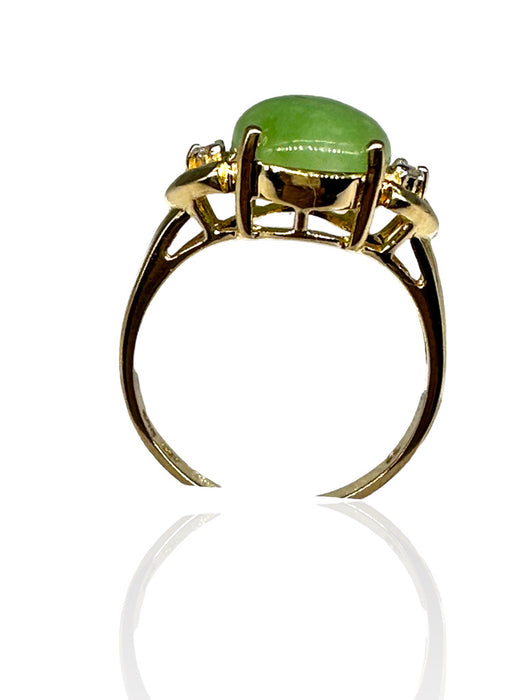 Ring in 14k Gold with Green Jade and Diamond Ring, Size 6.5 Cocktail Ring