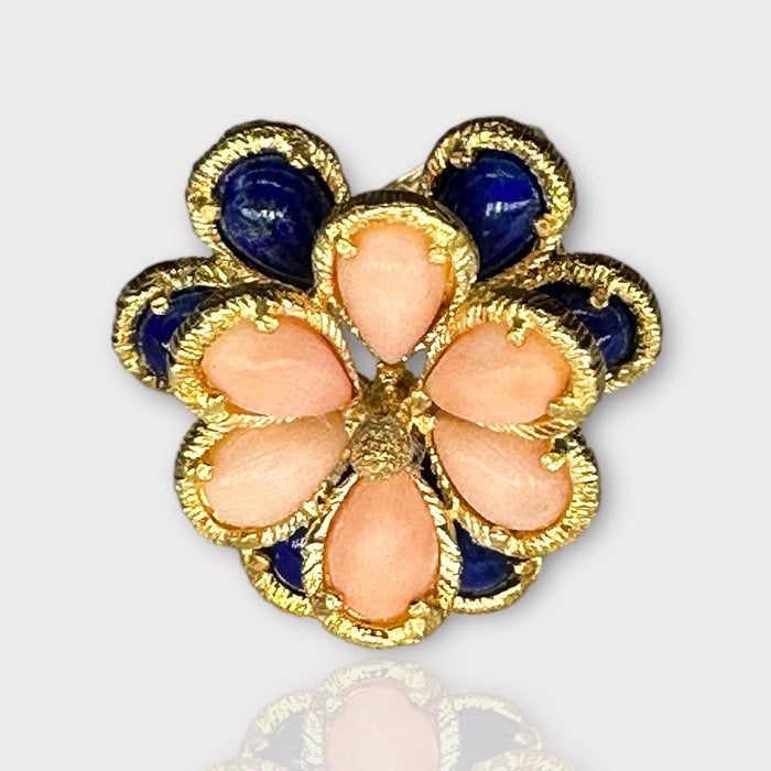 Unique 18k Gold Peach and Blue Flower Design Ring With Lapis & Coral, Size 6.5.