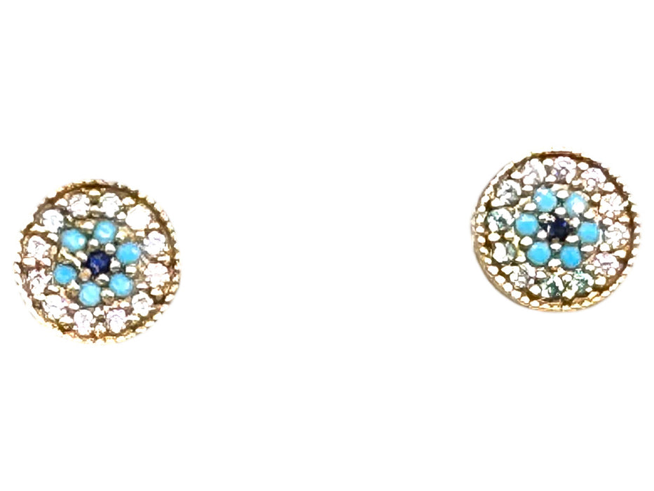 18k Gold Earrings Mandala with Turquoise  & Clear Crystal Stud Earrings-EZ Jewelry and Decor