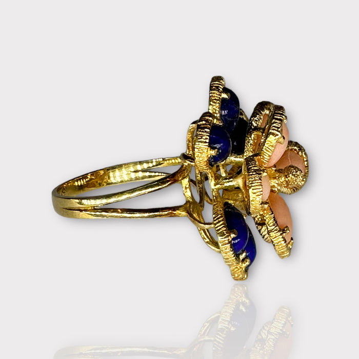 Unique 18k Gold Peach and Blue Flower Design Ring With Lapis & Coral, Size 6.5.