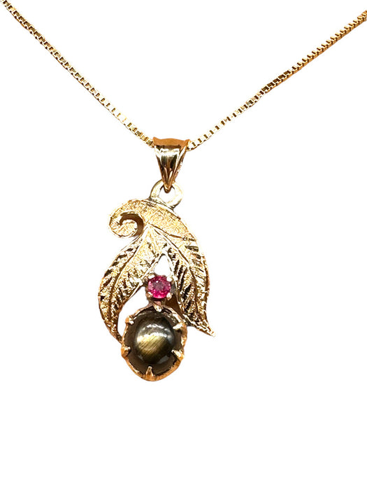 Necklace 18k Gold & Ruby Pendant Necklace with a Smoky Quartz Gemstone in Center, 1in, with 14k Chain. 15"