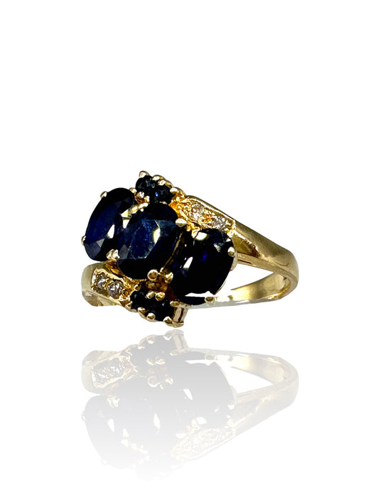 Ring in 14k Gold, Diamond, and Dark Blue Sapphire Ring , Size 6.5