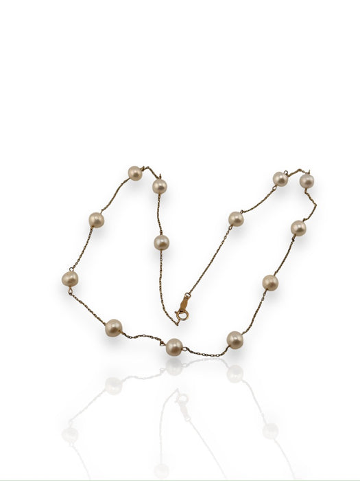 Chic 10k Yellow Gold Station Freshwater Cultured Pearl Necklace 16"