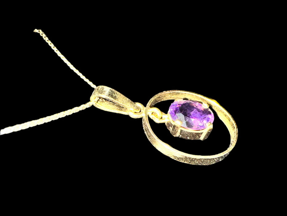 18k Gold and Purple Amethyst Pendant Necklace with 14K Gold Flat Chain Necklace 16”