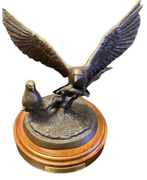 Bronze sculpture of two doves, one spreading wings above the other, on round wooden base. - Vintage Bronze Sculpture "Under His Wings," Scott Stearman, Life Outreach International, Doves - Decoration Color_Brown, Decoration Price_under 100, Decoration Size_Medium, Decoration Style_Modern, Decoration Style_Traditional, Decoration_Bronze - Default Title - EZ Art, Decor & Jewelry