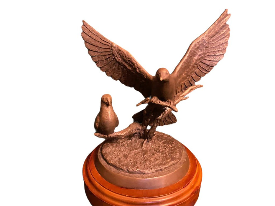 Vintage bronze sculpture of two doves on round wooden base with textured ground. - Vintage Bronze Sculpture "Under His Wings," Scott Stearman, Life Outreach International, Doves - Decoration Color_Brown, Decoration Price_under 100, Decoration Size_Medium, Decoration Style_Modern, Decoration Style_Traditional, Decoration_Bronze - Default Title - EZ Art, Decor & Jewelry