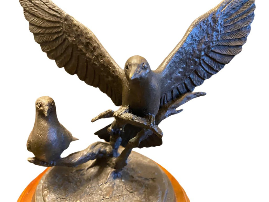 Vintage bronze sculpture of two doves, one perched and one spreading wings, detailed feathers. - Vintage Bronze Sculpture "Under His Wings," Scott Stearman, Life Outreach International, Doves - Decoration Color_Brown, Decoration Price_under 100, Decoration Size_Medium, Decoration Style_Modern, Decoration Style_Traditional, Decoration_Bronze - Default Title - EZ Art, Decor & Jewelry
