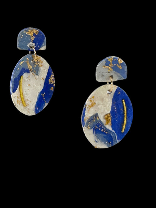 Modern Geometric Polymer Clay Earrings – Blue, White & Gold | Handmade 2” Statement Jewelry