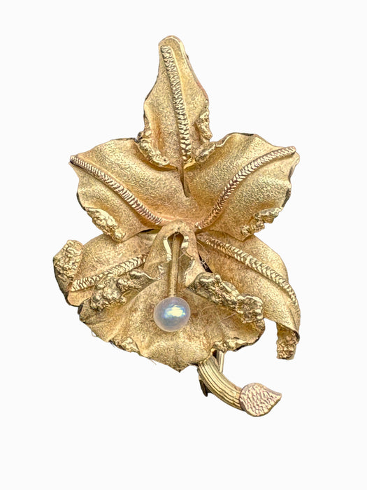 Elegant 18K Yellow Matt Orchid Brooch with Pearl. 1.7”