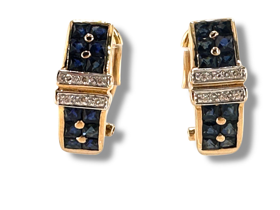 Vintage 18k Gold Earrings | Diamond & Sapphire | 5.4g English Lock | September Birthstone | .65” Drop