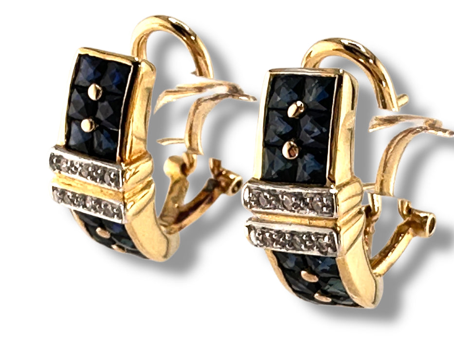 Vintage 18k Gold Earrings | Diamond & Sapphire | 5.4g English Lock | September Birthstone | .65” Drop
