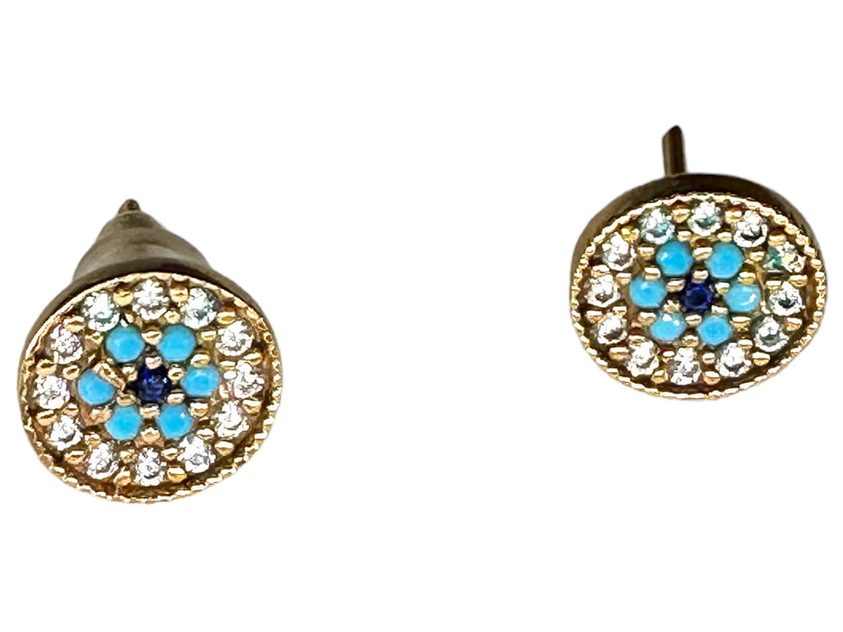 18k Gold Earrings Mandala with Turquoise  & Clear Crystal Stud Earrings-EZ Jewelry and Decor