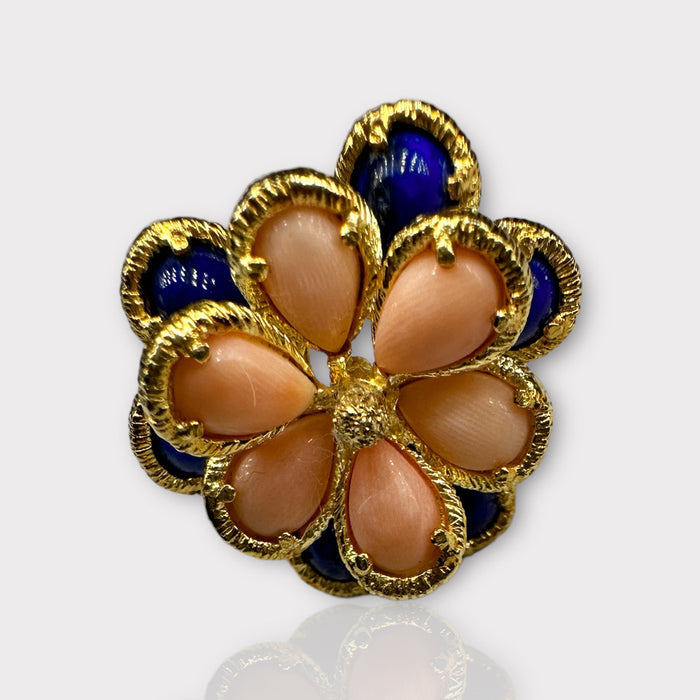 Unique 18k Gold Peach and Blue Flower Design Ring With Lapis & Coral, Size 6.5.