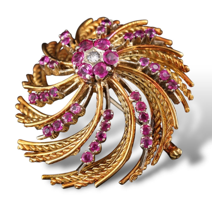 18K Rose Gold Italian Swirl Brooch with Rubies and Diamonds, 17.40g.