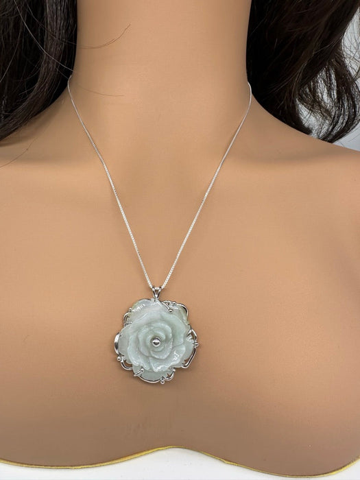 Timeless Handcrafted Green Jade Rose Necklace and Sterling Silver 20". Pendant 1.5"-EZ Jewelry and Decor