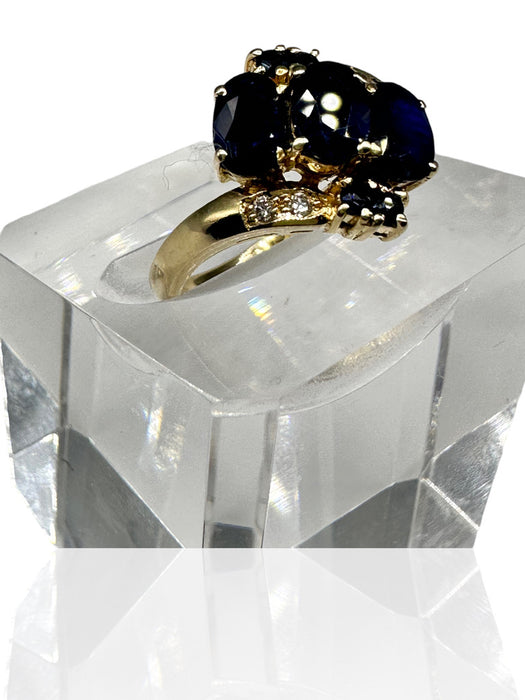 Ring in 14k Gold, Diamond, and Dark Blue Sapphire Ring , Size 6.5