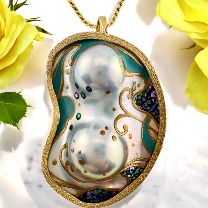 Vintage 18K Gold Baroque Pearl Brooch Pendant on 14K Italy Rope Chain, Abalone Inlay, 20" Necklace, 22.72g