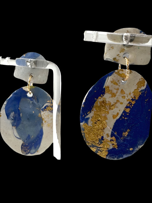 Modern Geometric Polymer Clay Earrings – Blue, White & Gold | Handmade 2” Statement Jewelry