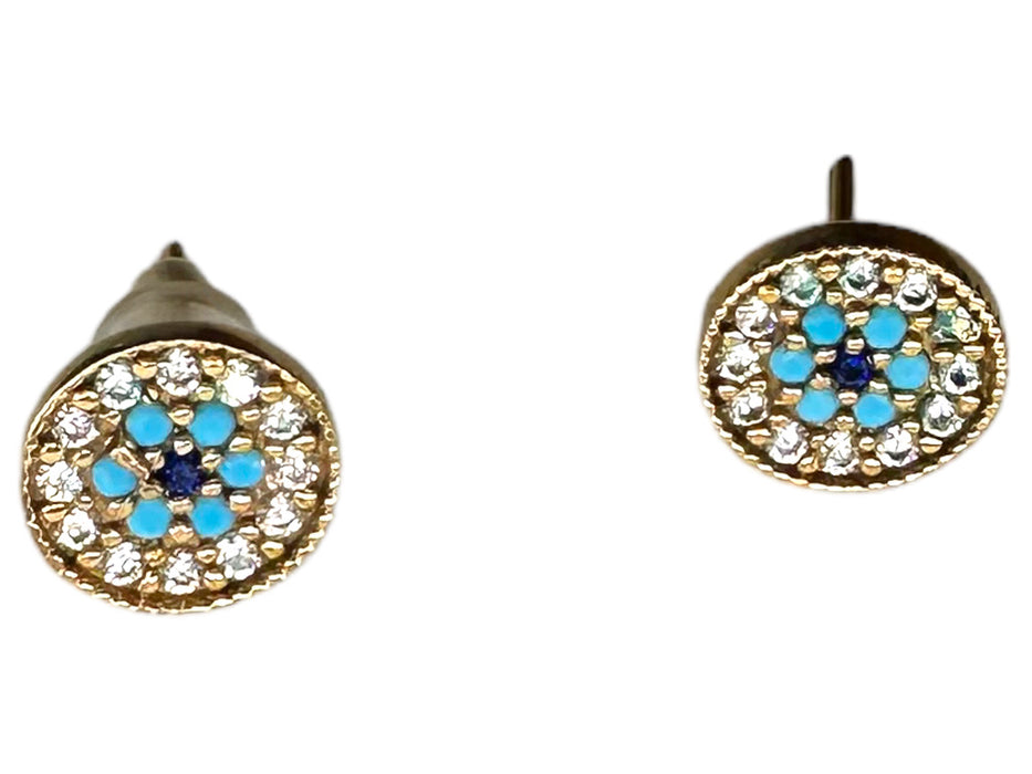 18k Gold Earrings Mandala with Turquoise  & Clear Crystal Stud Earrings-EZ Jewelry and Decor