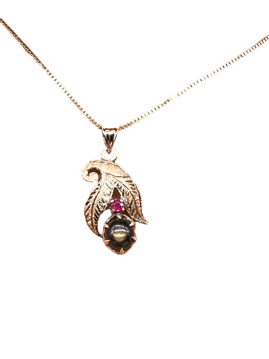 Necklace 18k Gold & Ruby Pendant Necklace with a Smoky Quartz Gemstone in Center, 1in, with 14k Chain. 15"