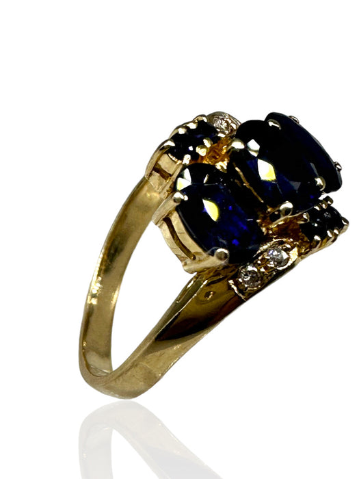 Ring in 14k Gold, Diamond, and Dark Blue Sapphire Ring , Size 6.5
