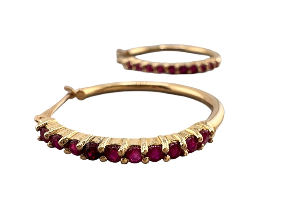 Ruby Hoop Earrings in 14K Yellow Gold 1 in tall July Birthstone and  for 15th Anniversary