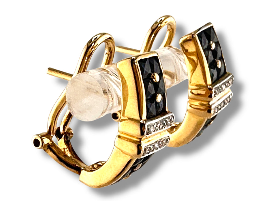 Vintage 18k Gold Earrings | Diamond & Sapphire | 5.4g English Lock | September Birthstone | .65” Drop