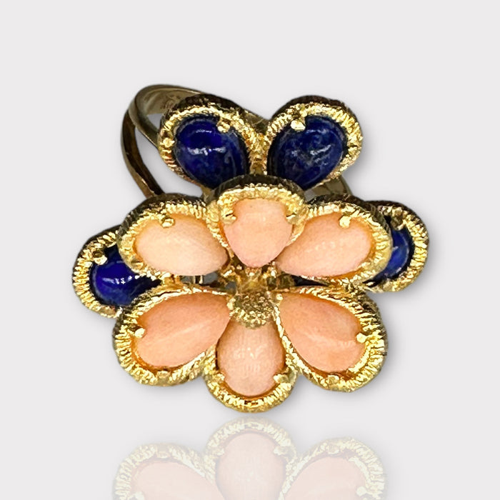 Unique 18k Gold Peach and Blue Flower Design Ring With Lapis & Coral, Size 6.5.