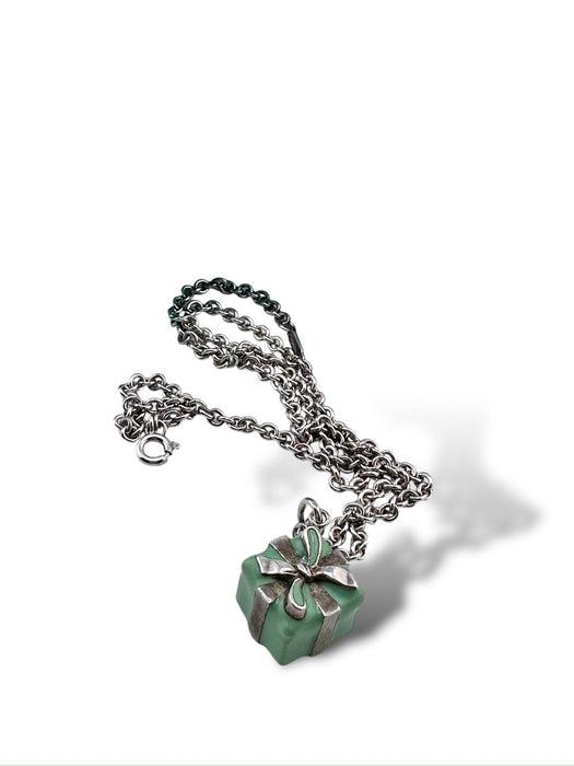 Vintage Tiffany & Co. Present Pendant with Vintage Tiffany And Co 16” Long Sterling Silver Chain Necklace, Gift box: .5”