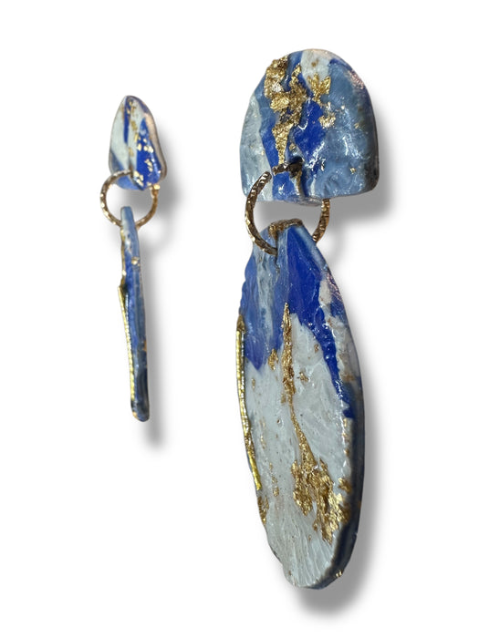 Modern Geometric Polymer Clay Earrings – Blue, White & Gold | Handmade 2” Statement Jewelry
