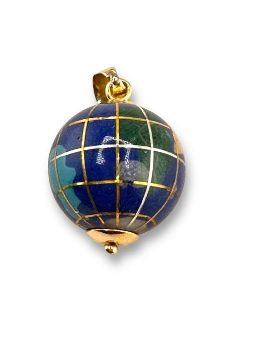 18K Gold Blue Globe Pendant Necklace – 17.75", 5.86g, Vintage, ½” Diameter, Travelers Gift
