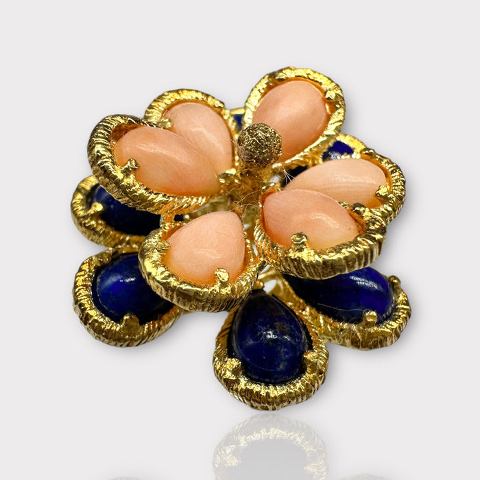 Unique 18k Gold Peach and Blue Flower Design Ring With Lapis & Coral, Size 6.5.