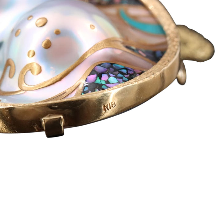 Vintage 18K Gold Baroque Pearl Brooch Pendant on 14K Italy Rope Chain, Abalone Inlay, 20" Necklace, 22.72g