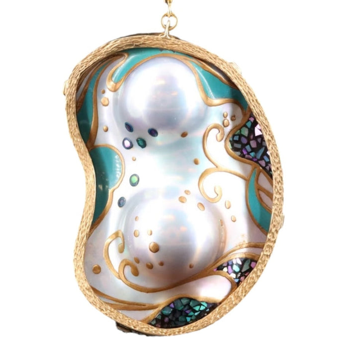 Vintage 18K Gold Baroque Pearl Brooch Pendant on 14K Italy Rope Chain, Abalone Inlay, 20" Necklace, 22.72g
