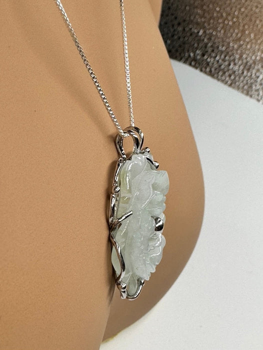 Timeless Handcrafted Green Jade Rose Necklace and Sterling Silver 20". Pendant 1.5"-EZ Jewelry and Decor