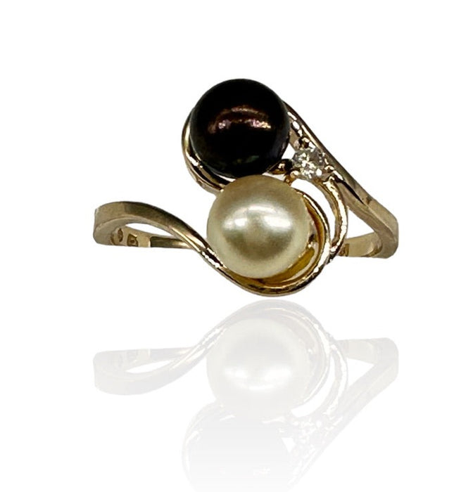 Ring with White and Brown Pearl and Diamond in 14k Gold,Size 6.6