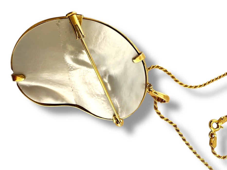 Vintage 18K Gold Baroque Pearl Brooch Pendant on 14K Italy Rope Chain, Abalone Inlay, 20" Necklace, 22.72g